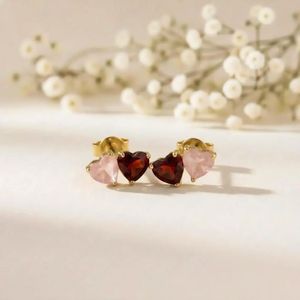 Modern Natural Garnet <b>Rose</b> <b>Quartz</b> <b>Heart</b> Shape Stud Earrings Gold Filled Design With Red Pink Gemstones Minimalist Fashion Jewel - Product Image 3