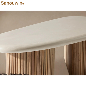 Mesa de Centro para Exteriores Estilo <span class=keywords><strong>Alesso</strong></span>, Ovalada, con Tapa de Piedra Blanca, Base Acanalada de Madera de Teca Sólida, Mesa Moderna para Patio y Jardín - Product Image 6