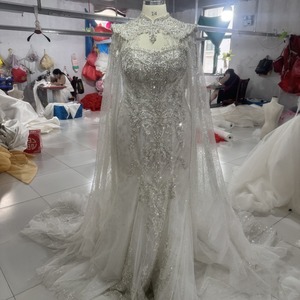 Wx393 Mermaid <b>Wedding</b> Dress High Collar Keyhole Beaded Sheer Cape Sleeve Sparkling Long Train Jancember - Product Image 1