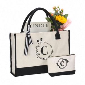 Custom Logo <b>Initial</b> Canvas Tote <b>Bag</b> & Makeup <b>Bag</b> Personalized Mothers Day Birthday Gift Shopping <b>Bag</b> Set - Product Image 1