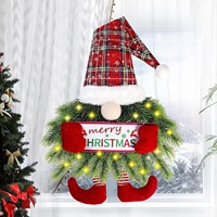 Décoration de porte de Noël en forme de gnome LED de haute qualité, gnome sans visage à carreaux, ornement avec branches de pin artificielles et panneau Joyeux Noël