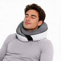 Oreiller de voyage léger et portable - Oreiller cervical 100% mousse à mémoire de forme pour avion et train, avec masque pour les yeux 3D et sac en filet, gris