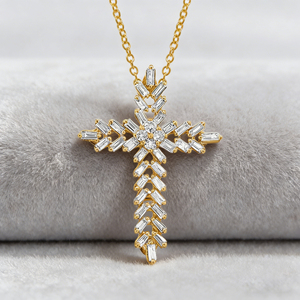 CUSTOM SILVER 10K/14K/18K GOLD PLATED LAB GROWN CVD DIAMOND CLASSIC ENGAGEMENT GIFT SWEATER <b>CHAIN</b> NECKLACE <b>CROSS</b> PENDANT VS - Product Image 1