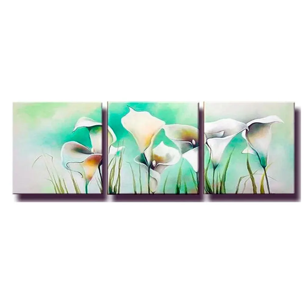 Trípticos simples y hermosos de color verde claro, pintura al óleo sobre lienzo para sala de estar, grupo de pinturas de flores hechas a mano