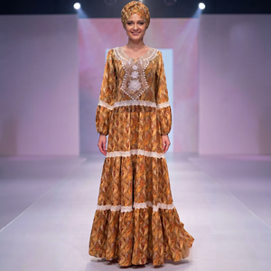 Golden Floral Print African Maxi <b>Dress</b> Women Long Bishop Sleeve Luxury Lace Trim Rayon Eco-Friendly Breathable Summer - Product Image 6