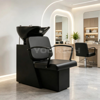 Station de lavage de cheveux intégrée moderne avec armoire, chaise de lavage confortable en cuir PU, lavabo en céramique noir, unité de lavage de cheveux pour salon