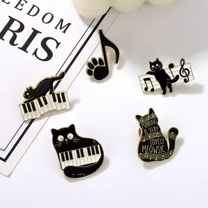 Music cartoon lovely black cat piano note zinc metal crafts decorative cute enamel pins