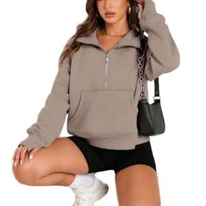 Sudadera de forro polar beige de color liso con bordado, estilo hip hop, holgada, de manga larga, con media cremallera, oversize, para mujer, primavera - Product Image 4