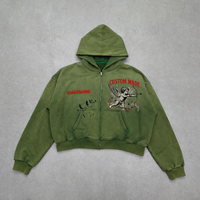 Hoodie court personnalisé en molleton bouclette épais, coupe ample, style vintage, délavé aux enzymes, avec fermeture éclair, impression DTG, broderie et éclaboussures de peinture