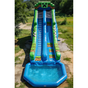 Tobogán Acuático Inflable Largo con Temática de Minecraft y Piscina, Tobogán Acuático Azul y Verde para Niños y Adultos - Product Image 1