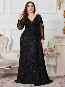 <span class=keywords><strong>Robe</strong></span> <span class=keywords><strong>de</strong></span> soirée formelle pour femmes grandes tailles, noire, col en V profond, manches longues, maille et sequins brillants, taille cintrée, jupe évasée, pour l'été - Product Image 4