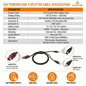 Câble <span class=keywords><strong>USB</strong></span> 24V vers prise Hosiden 3 broches et câble <span class=keywords><strong>USB</strong></span> <span class=keywords><strong>B</strong></span>, séparateur en Y, câble de reçu d'imprimante pour système EPOS POS - Product Image 3