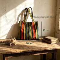 Sac fourre-tout rétro à rayures arc-en-ciel 100 % coton, style décontracté, sac à bandoulière en toile de coton et lin contrastant pour femme