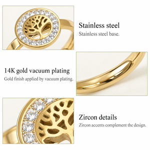 <b>Tree</b> Halo Ring Stainless Steel 14K Gold Vacuum Plated Zircon circular <b>tree</b> cutout with clear zircon halo and <b>slim</b> bandTree Halo - Product Image 3