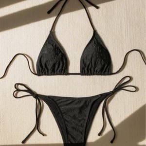 Bikini con cuello halter estilo europeo y americano con tela especial, traje de baño sexy, conjunto de dos piezas para mujer con lazo en color liso - Product Image 3