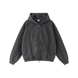 TT Sweat à capuche zippé pour homme, style rétro <span class=keywords><strong>vintage</strong></span>, avec logo personnalisé, effet délavé, en polaire unie, style européen et américain, 2025 - Product Image 3