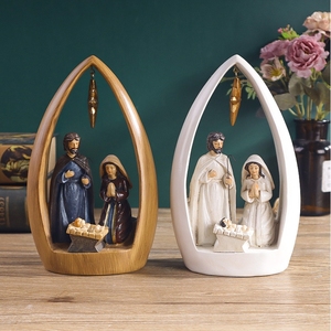 Crèche artisanale Art Déco gravée Sainte Famille - Figurines en résine Joseph/Marie/Jésus ignifuges pour décoration d'autel d'église - Product Image 2