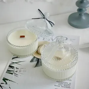 Luxury Empty Customize Round Ribbed Geo Cut Candy Gift Storage Glass Candle Jars with Package box Glass Lid