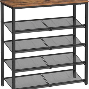 Adjustable Shoe Rack With Wooden Top And Metal Mesh Shelves For Entryway Storage Four Tier Design - Product Image 5