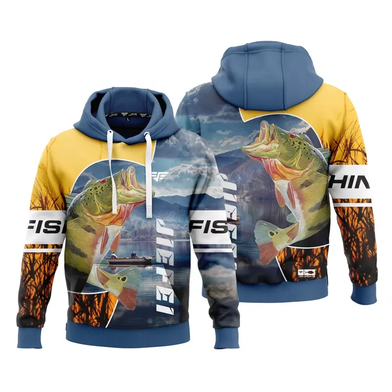 Roupas de pesca com capuz UPF 50+ de sublimação personalizadas, roupas esportivas de lã quente com renda e proteção UV para homens