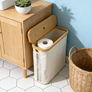 ตะกร้าใส่กระดาษชำระสำหรับใส่กระดาษทิชชู่ภาชนะใส่เอกสารขนาดกลางที่วางส้วมจัดระเบียบได้ถึง9เมกะม้วนพร้อมฝาไม้ไผ่ - Product Image 3