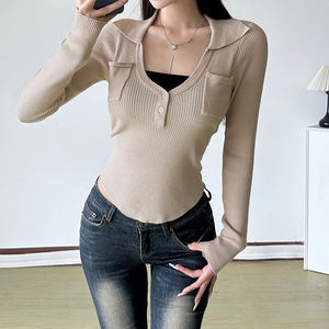 Camiseta de manga larga de punto con cuello en V y bolsillo para mujer, top informal de color liso, estilo sencillo, versátil para uso diario - Product Image 5