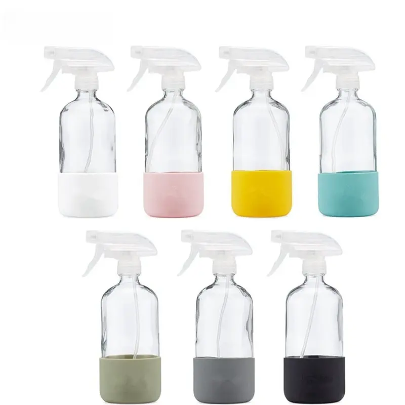 Kleurrijke Frosted Witte Heldere Boston Glazen Fles 500 Ml 16 Oz Voor Huishoudelijke Reiniging, Roze Siliconen Mouwen Spray Glazen Fles