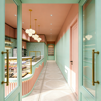 Airy Luxe Bakery & Coffee Market Stall Featuring Glass Display Case, Open Tiered Shelving, and Integrated Warm Lighting