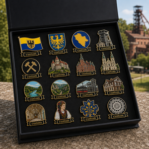 Al por mayor, Set de regalo de insignias de esmalte personalizadas de Silesia, con diseño de <span class=keywords><strong>Mina</strong></span> Antigua, Castillo y Bosque, Souvenir Turístico de Europa Central - Product Image 1