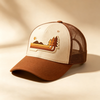 Gorra Trucker con Parche de Paisaje Natural Retro, Unisex, de Algodón con Malla Trasera, para Camping, Senderismo y Uso Diario Informal