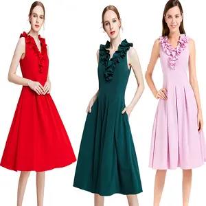D004 Elegant Sleeveless Long dress Women flower V neck red pink elegant Christmas prom gown dress women