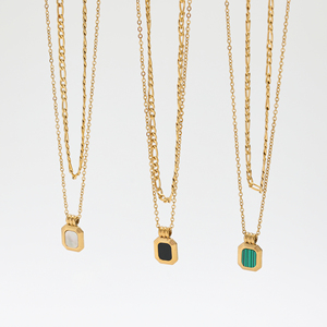 Joolimジュエリー 18K金メッキ ダブルレイヤー マザーオブパール オニキス 2連 レイヤード ステンレススチール セーターネックレス - Product Image 1