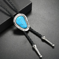 Collier Bolo Tie Bestseller pour Femmes et Hommes, Bijou Western Cowboy, Cordon en Cuir PU avec Turquoise Géométrique