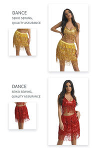Femmes Satin Danse Du Ventre Crop Top B Débardeur et Jupe Ensemble Hip Sequin Gland avec Ceinture D'espion pour Plage Musique Festival Rave Party - Product Image 4