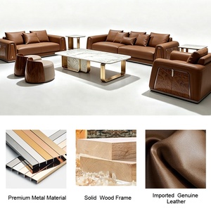 Ensemble canapé et <span class=keywords><strong>fauteuil</strong></span> en <span class=keywords><strong>cuir</strong></span> véritable de designer avec détails en bois et table en marbre – Solution d'ameublement intégrée pour villa - Product Image 3
