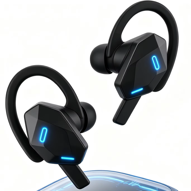 Polygon Gaming Earbuds With Earhooks, Cool Blue Neon Lights, Deep Bass & Waterproof