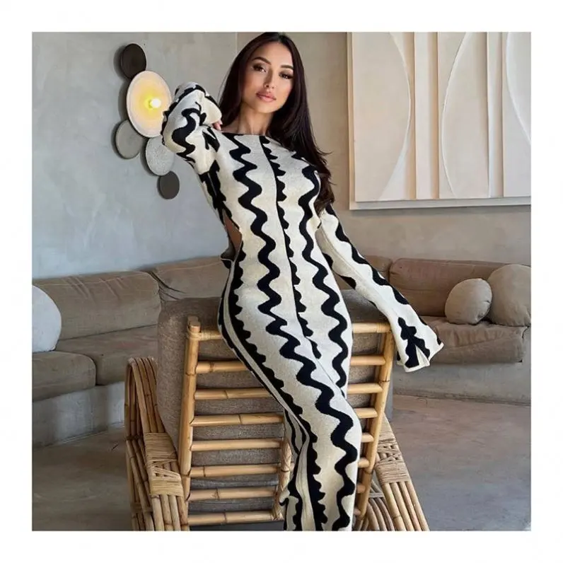 2023 Herbst party Ausgestelltes Kleid Frauen Stricken Langarm Skinny Sexy Hollow Out Wave Alte Kleidung Jacquard Strick Maxi kleid Damen