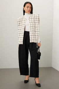 Oem personalizado pequeño Moq O cuello frente abierto a cuadros Tweed Chaleco de gran tamaño Casual chaqueta de <span class=keywords><strong>mujer</strong></span> de alta calidad - Product Image 3
