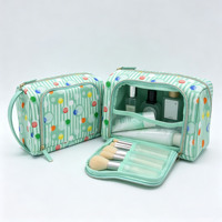 Sac cosmétique vert menthe à rayures et pois, personnalisable avec logo, multi-compartiments, porte-pinceaux de maquillage, sac de voyage avec fermeture éclair