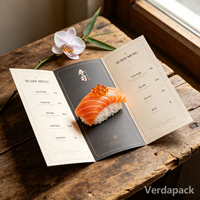 Menu de restaurant personnalisé en papier fantaisie plié avec logo en estampage à chaud pour restaurant japonais de sushi et de haute cuisine