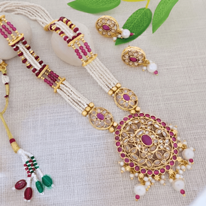 Royal <b>Ruby</b> Red Kundan Pendant Pearl Mala <b>Necklace</b> Gold Plated Beaded Long Haram Matching Earrings Traditional Bridal Wear - Product Image 5