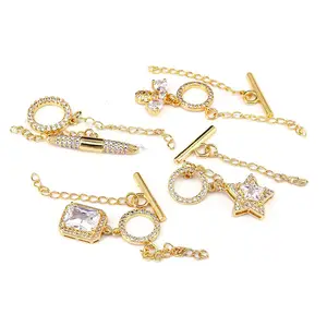 CZ8143 18K Gold Plated Star T-BarปิดClasp,เพชรCZ Star Bee Charm Toggle Claspล็อคหัวเข็มขัดExtension Chain