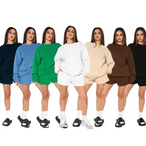 Pakaian Santai Dua Musim Gugur Musim Dingin Setelan Baru Fashion Kasual Leher Bulat Pullover Lengan Panjang Celana Pendek Pakaian Wanita Pertandingan Set 2 Potong