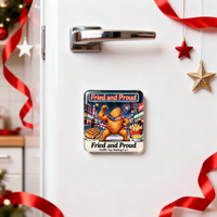 Autocollant magnétique décoratif carré pour réfrigérateur « Fun Fried Chicken Hercules » – « Frit et Fier »