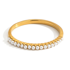 Anillo de Perlas con Baño de Oro de 18K, Acero Inoxidable, Engaste de Canal, Diseño Geométrico, Unisex, Uso Diario, JDR0310002-7 - Product Image 5