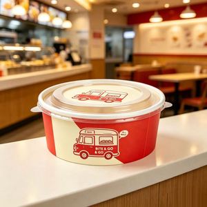 Bol à salade rond en papier kraft jetable avec couvercle, résistant à la graisse, pour emporter, conteneur pour la restauration rapide, logo personnalisé acceptable - Product Image 2