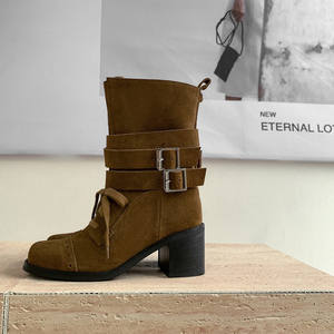 Botas de Caballero de Piel de Vaca con Hebilla de Lazo de Alta Calidad, Botas Clásicas Casuales Retro con Tacón Cuadrado Grueso, Botas de Piel Auténtica Sin Cordones - Product Image 5