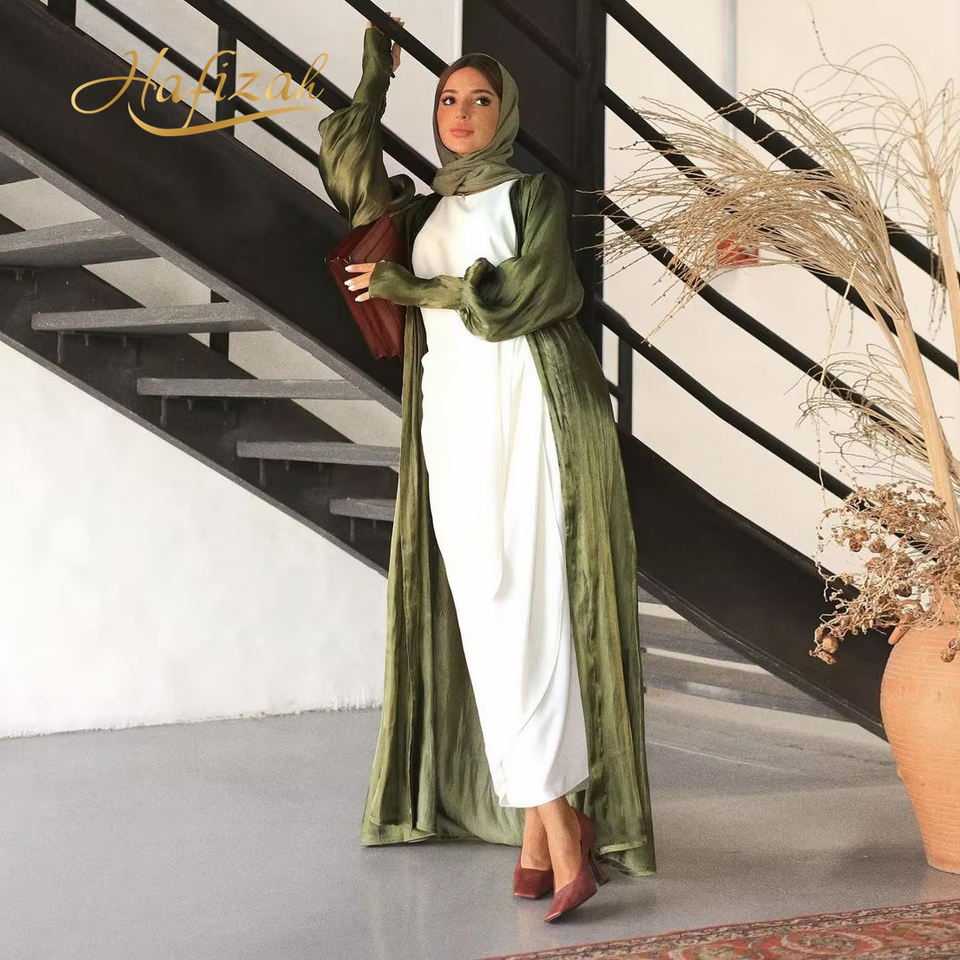 Hafizah 2026 Dubai lujo verde satén manga farol musulmán abierto Abaya modesto kimono