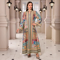 Abaya élégante en polyester à col montant, imprimé géométrique ethnique, coupe ample, longue, pour femmes musulmanes, Aïd Ramadan