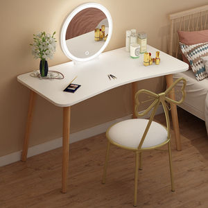 Modern LED Solid Wood <strong>Vanity</strong> Table <strong>with</strong> Bow <strong>Back</strong> <strong>Chair</strong> and Lighted Mirror White Makeup Desk for Bedroom &amp; Bathroom - Product Image 2